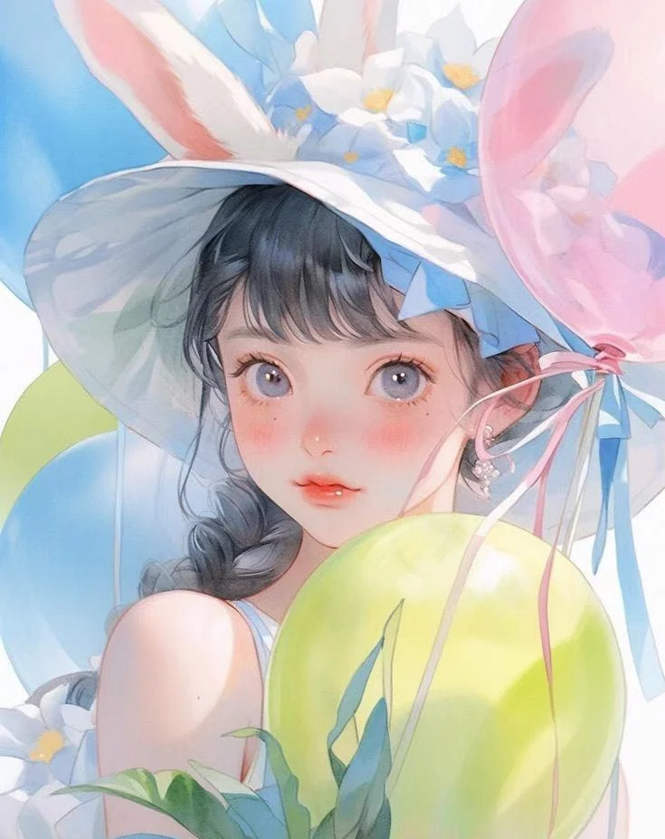 cô gái đội mũ thỏ với bóng bay dễ thương làm avatar