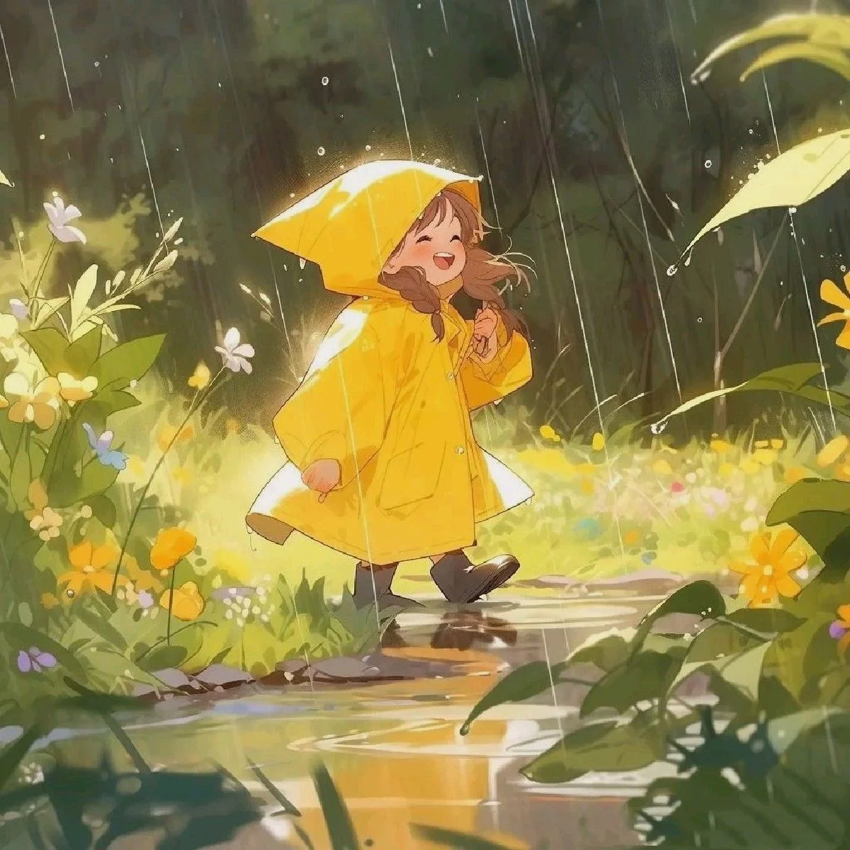 cô bé mặc áo mưa vàng trong vườn dễ thương làm avatar