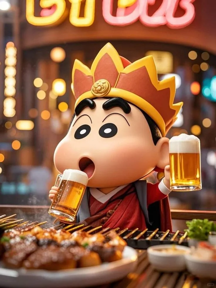 Shin cậu bé bút chì đang uống bia tại bàn ăn