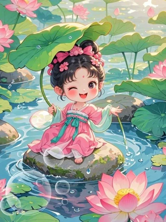 Avatar dễ thương bé gái mặc cổ trang bên hồ sen